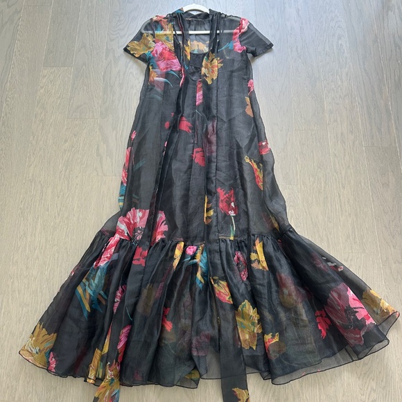 STAUD Calluna First Bloom Black Floral Maxi Dress Gown Organza Tie Size Small - Picture 3 of 14